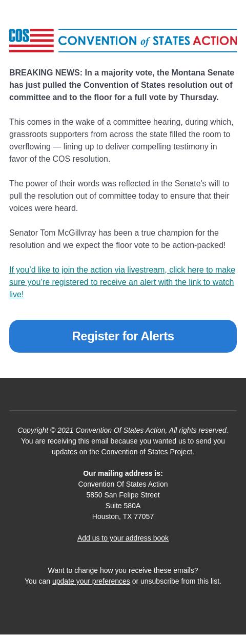 Screenshot of the email generated on import