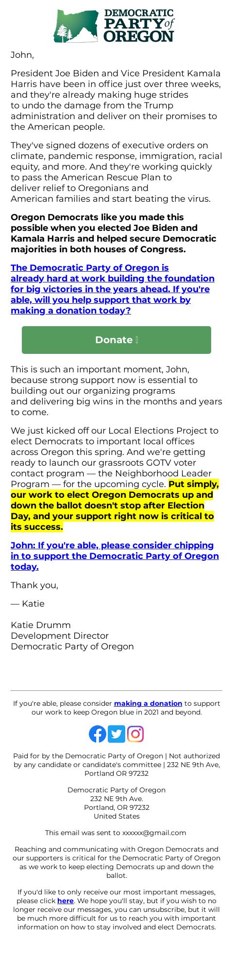 Screenshot of the email generated on import