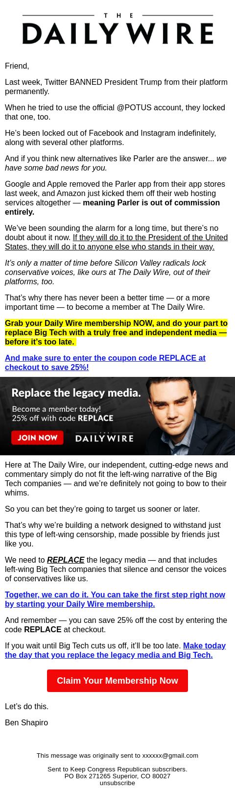 Screenshot of the email generated on import