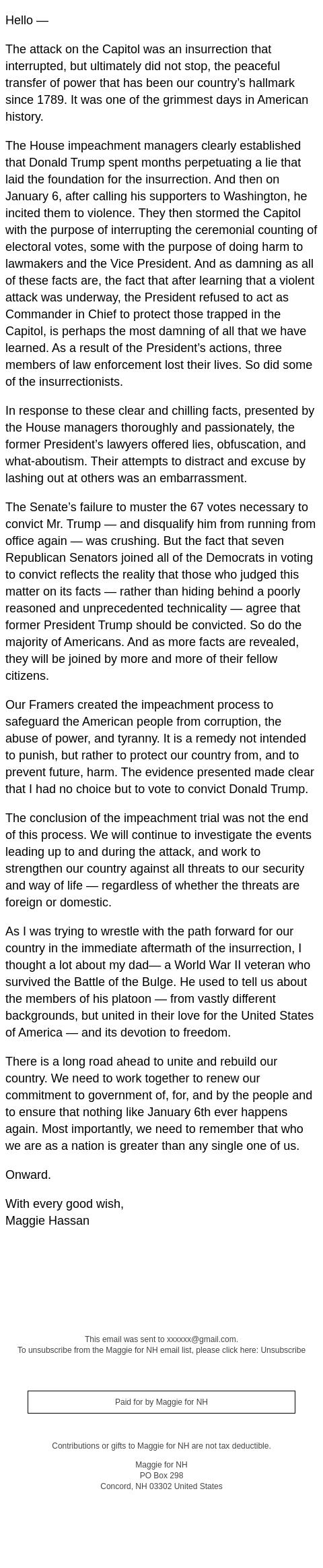 Screenshot of the email generated on import