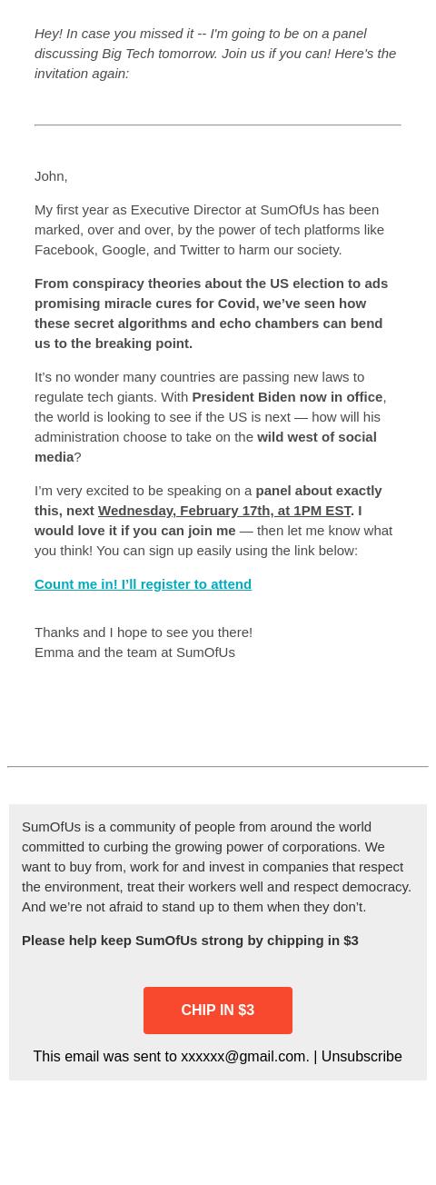 Screenshot of the email generated on import
