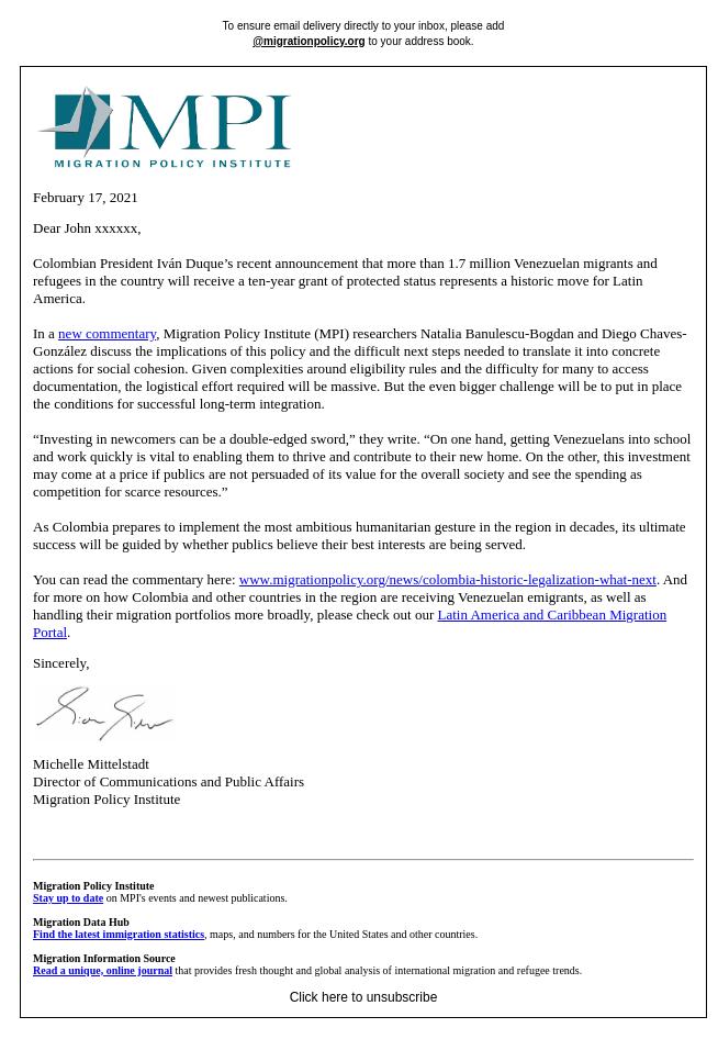 Screenshot of the email generated on import