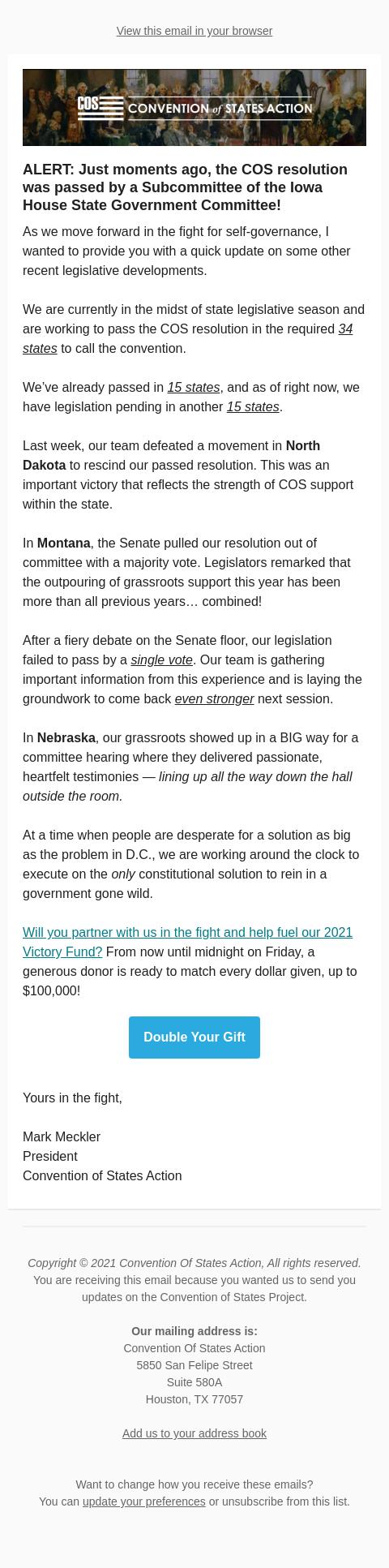 Screenshot of the email generated on import