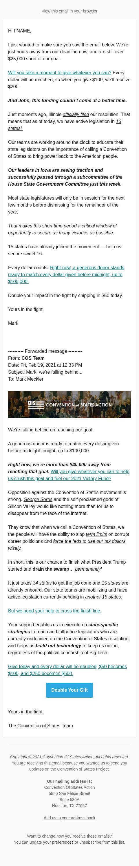Screenshot of the email generated on import