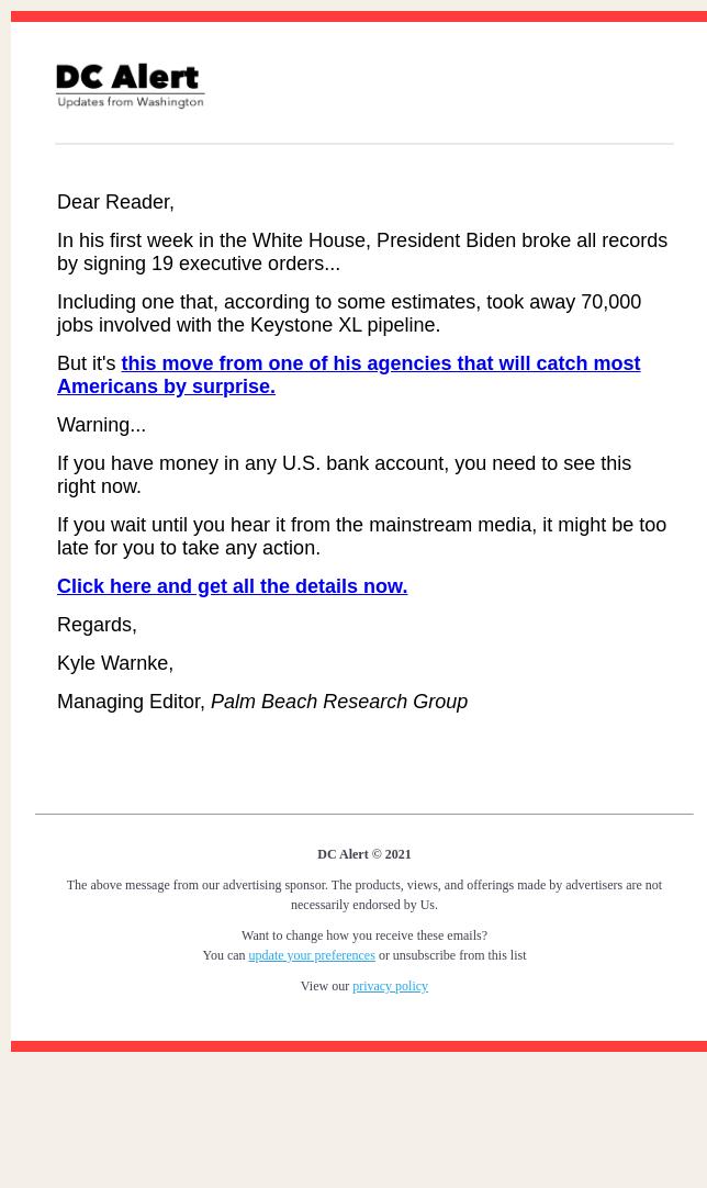Screenshot of the email generated on import
