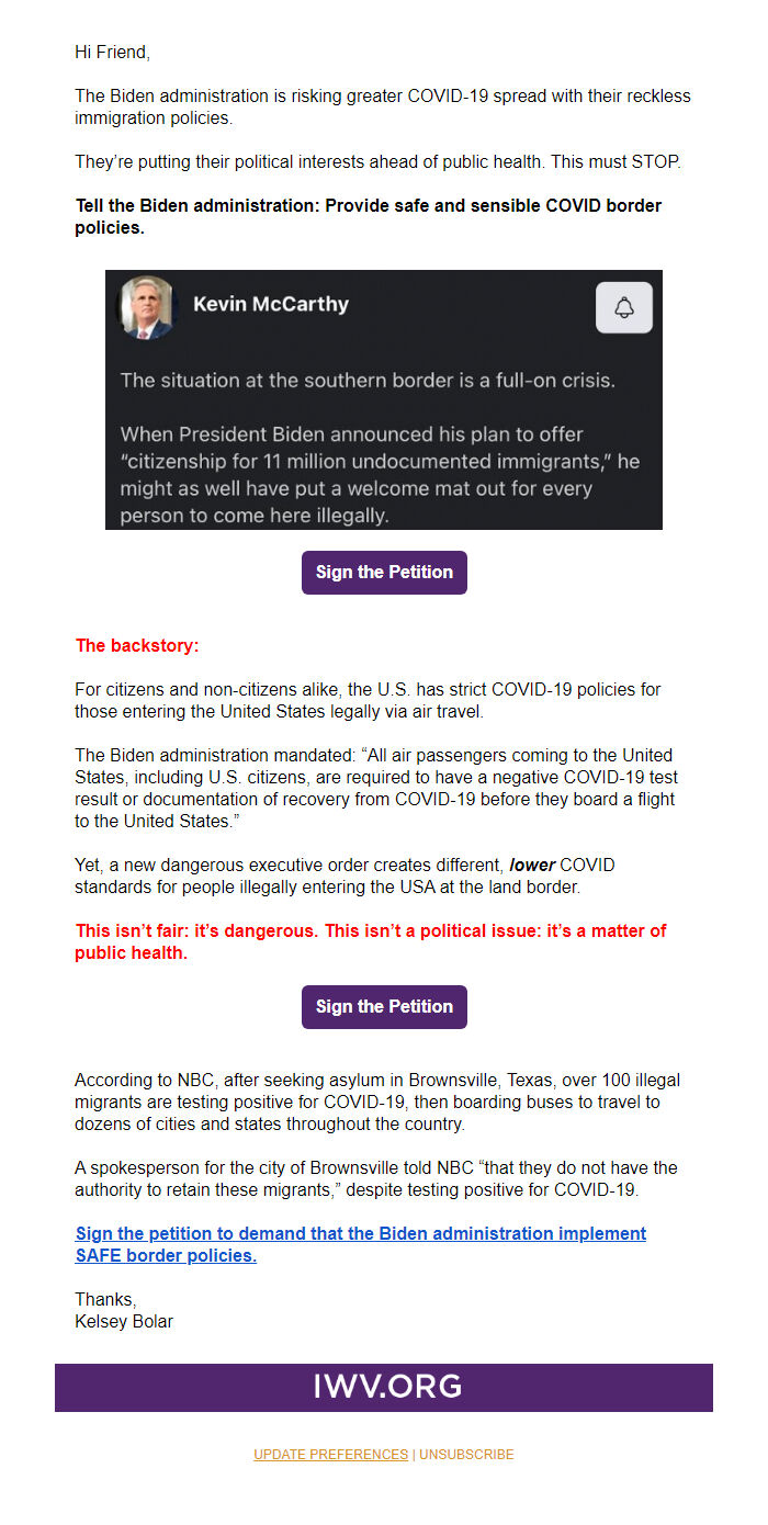 Screenshot of the email generated on import