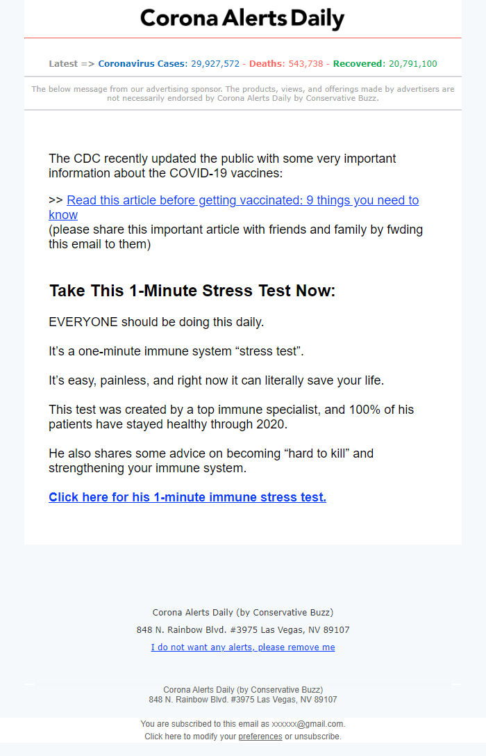 Screenshot of the email generated on import
