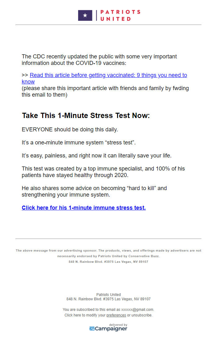 Screenshot of the email generated on import