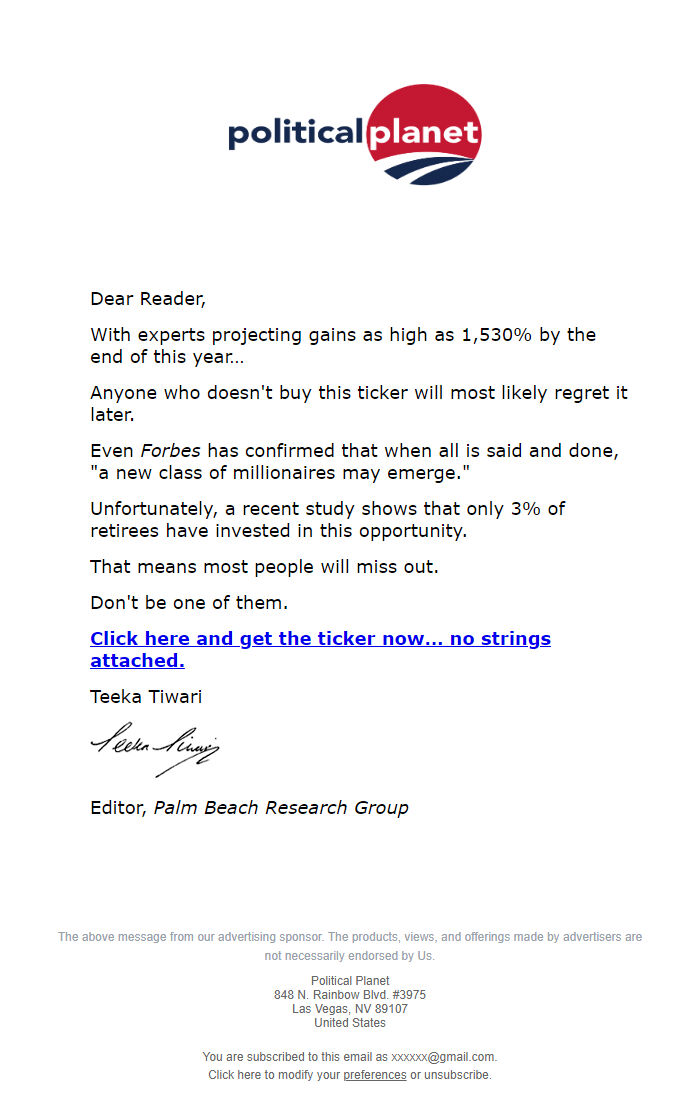 Screenshot of the email generated on import