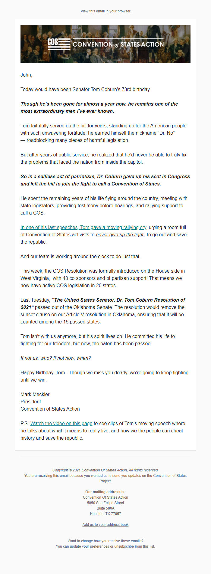Screenshot of the email generated on import