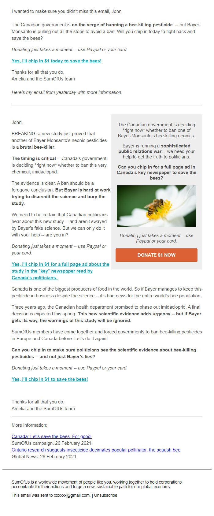 Screenshot of the email generated on import