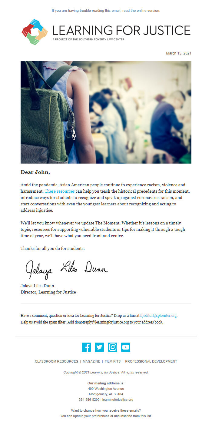 Screenshot of the email generated on import