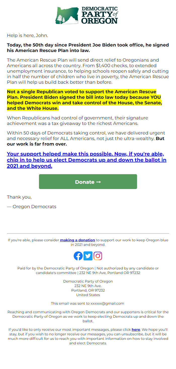 Screenshot of the email generated on import