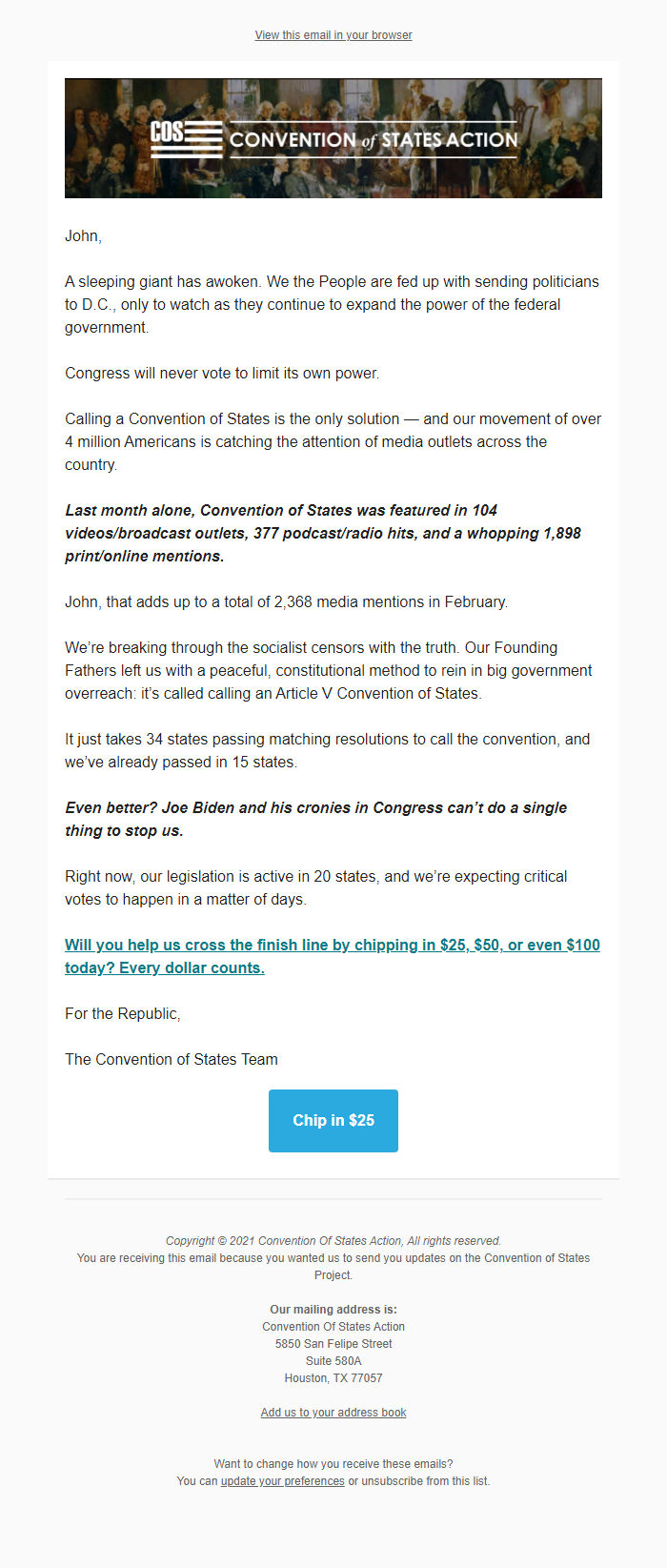 Screenshot of the email generated on import