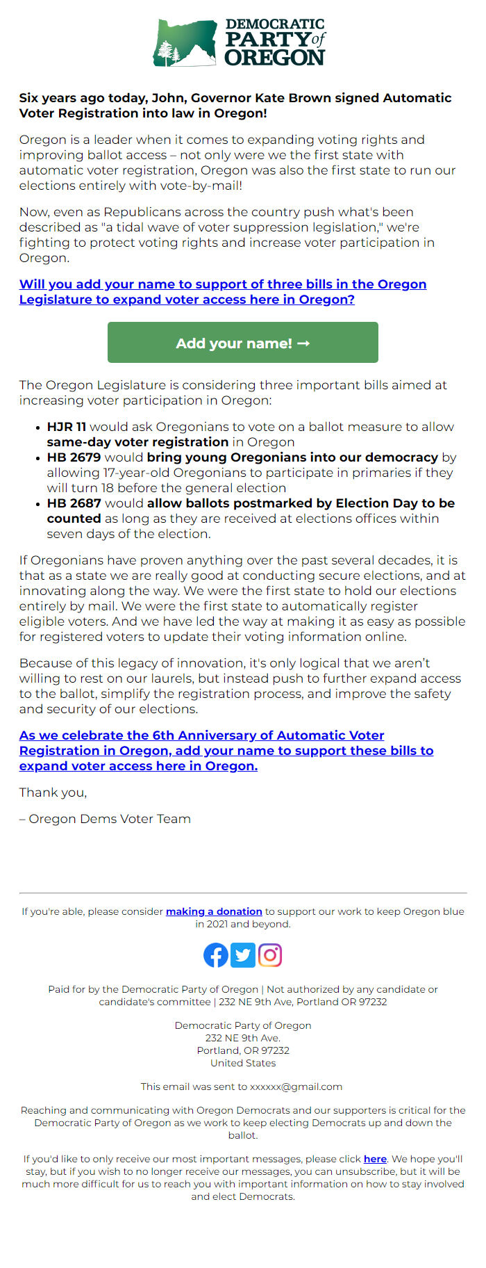 Screenshot of the email generated on import