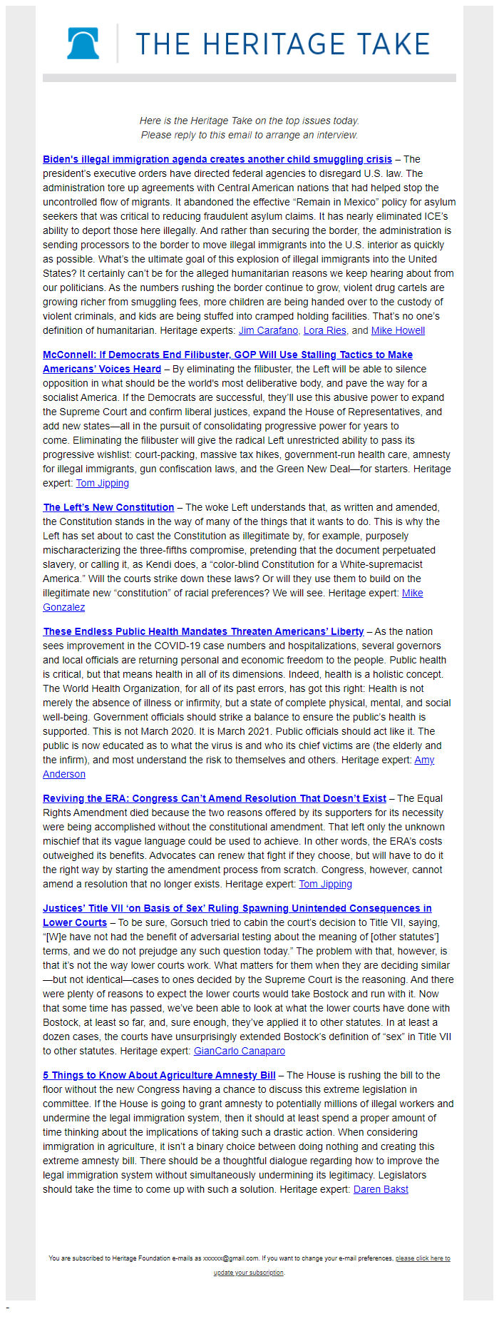 Screenshot of the email generated on import
