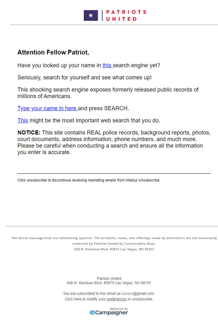 Screenshot of the email generated on import