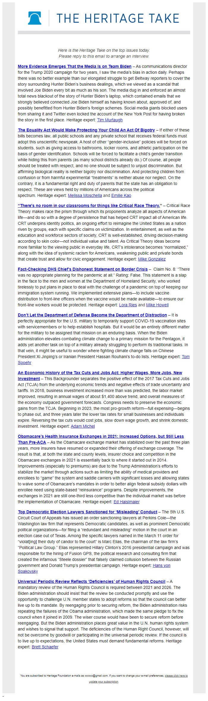 Screenshot of the email generated on import