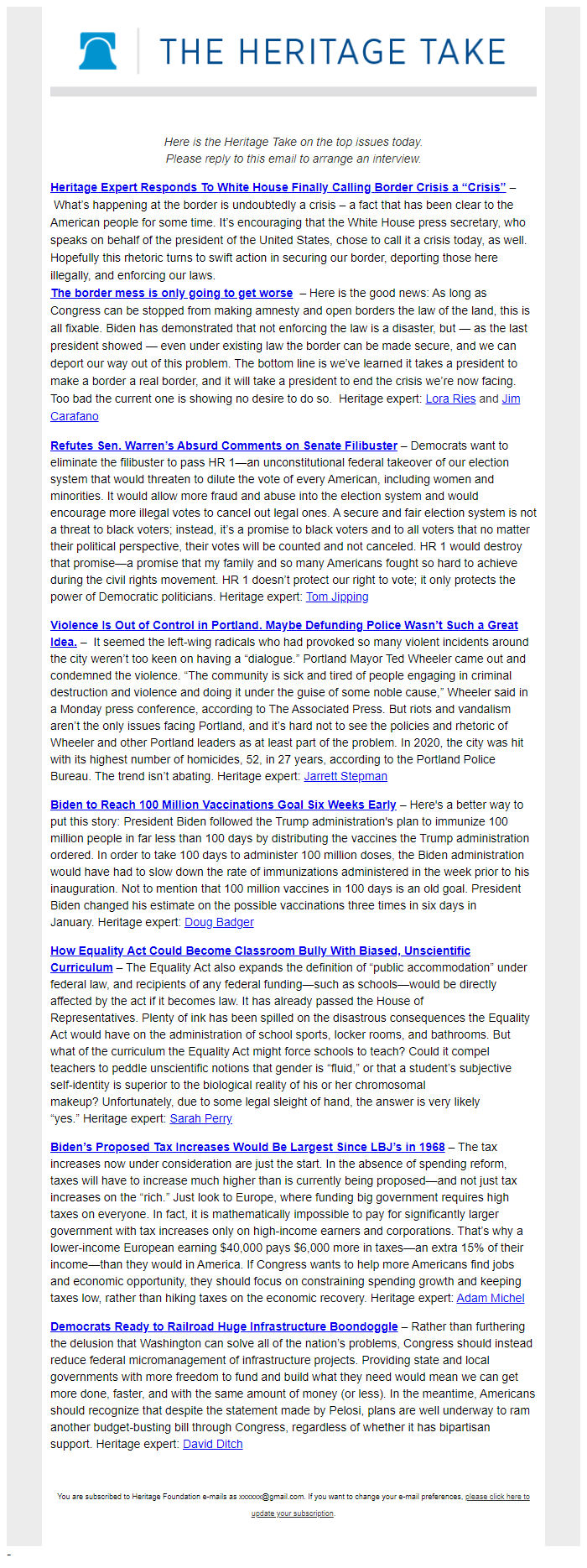 Screenshot of the email generated on import