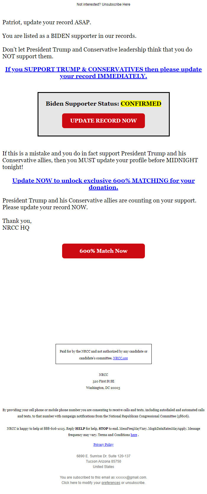 Screenshot of the email generated on import