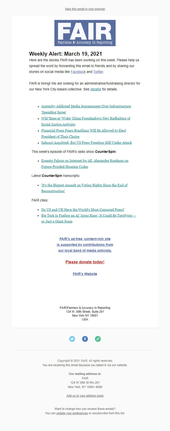 Screenshot of the email generated on import