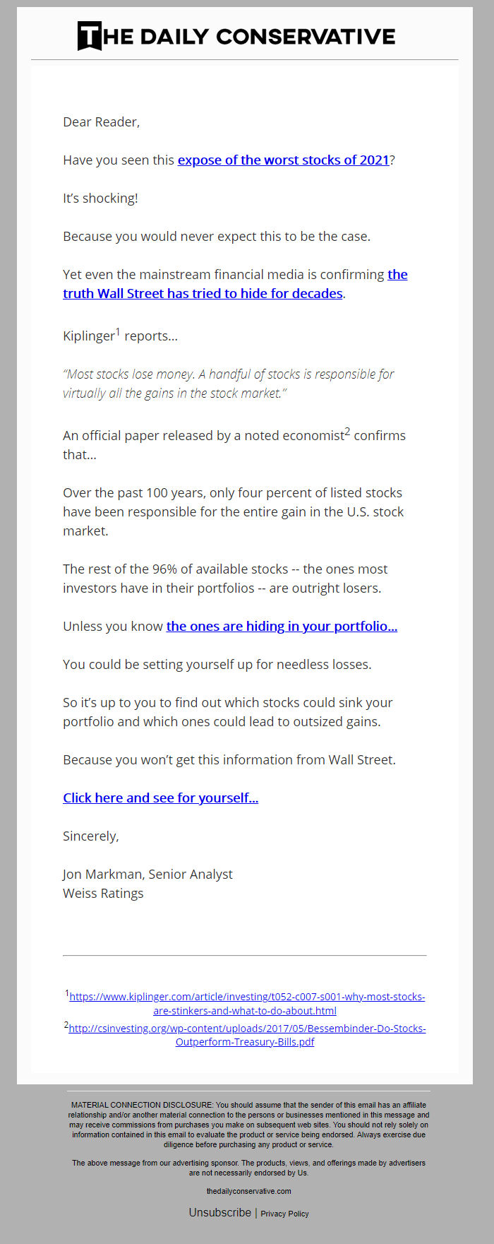 Screenshot of the email generated on import