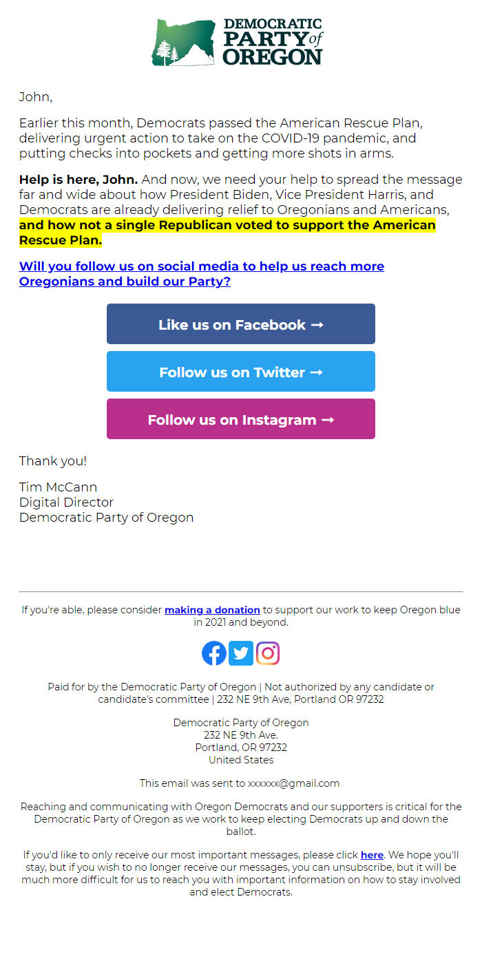 Screenshot of the email generated on import