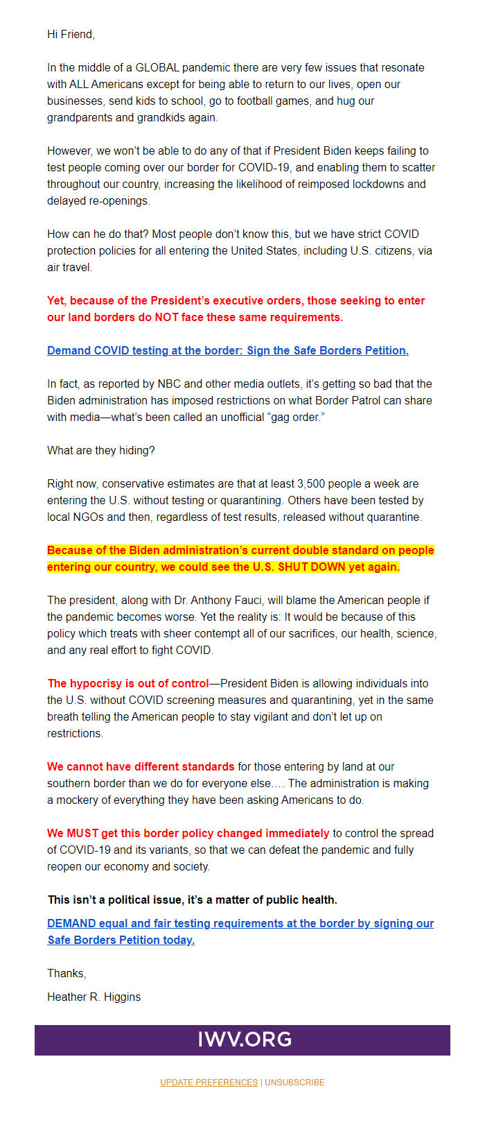 Screenshot of the email generated on import
