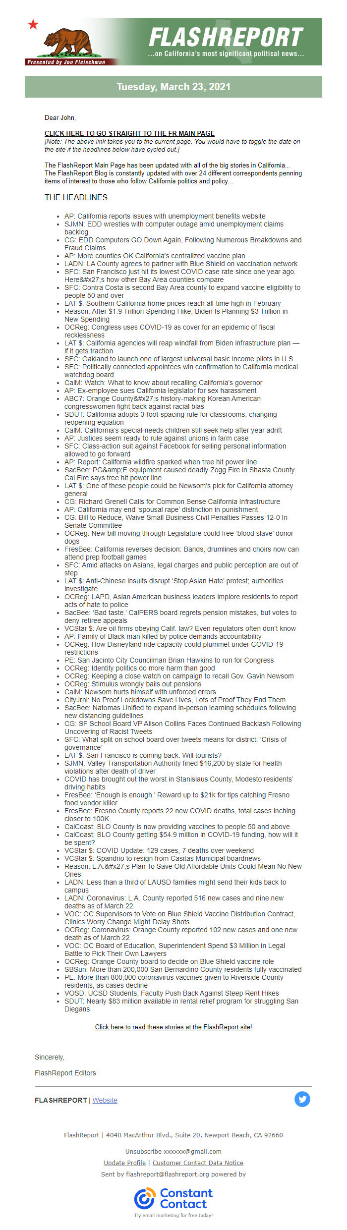 Screenshot of the email generated on import