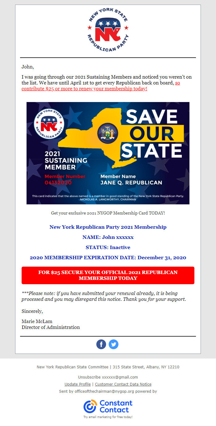 Screenshot of the email generated on import