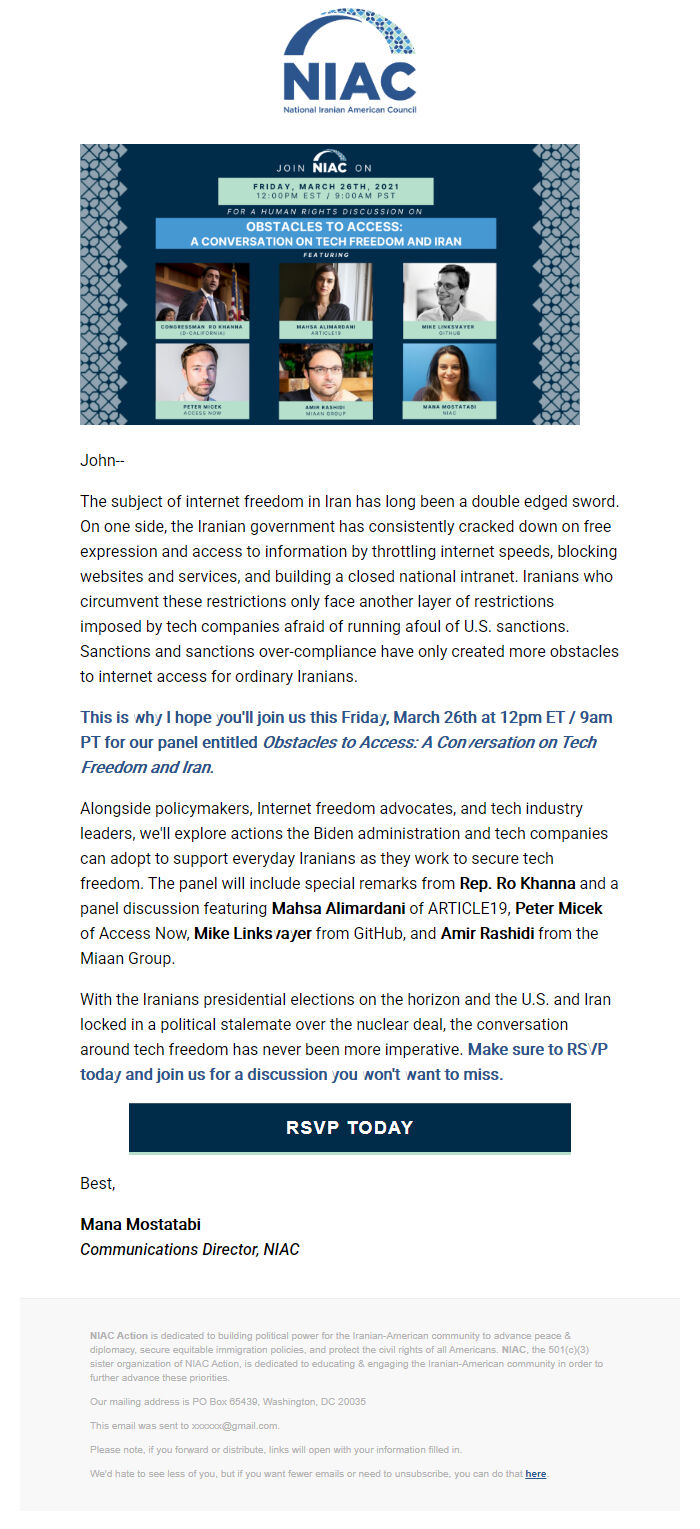 Screenshot of the email generated on import