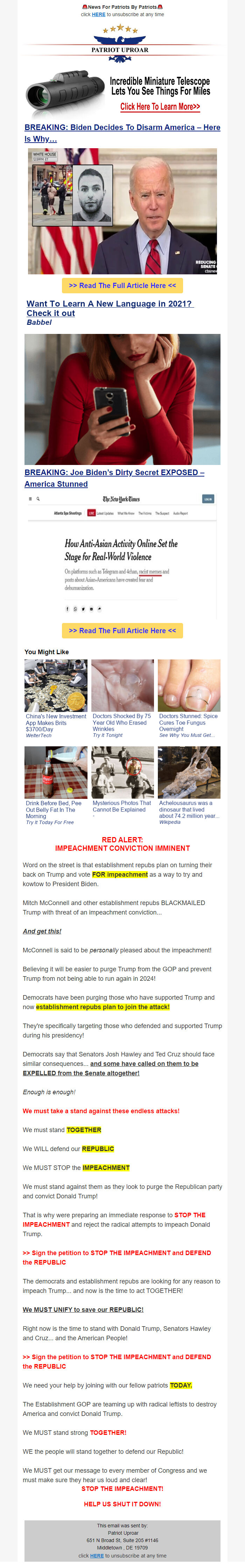Screenshot of the email generated on import