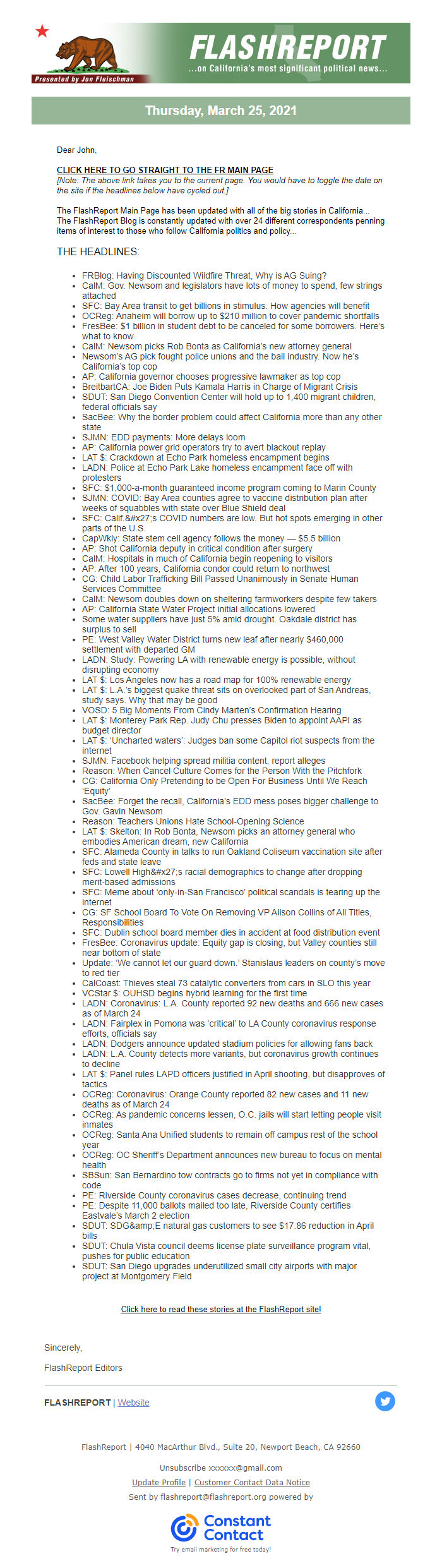 Screenshot of the email generated on import