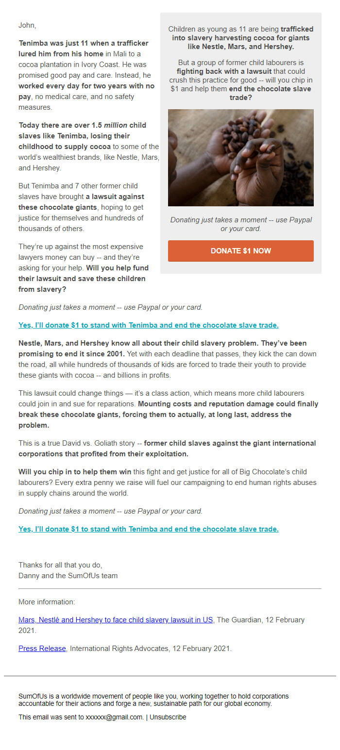 Screenshot of the email generated on import