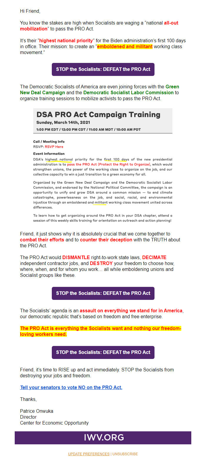 Screenshot of the email generated on import