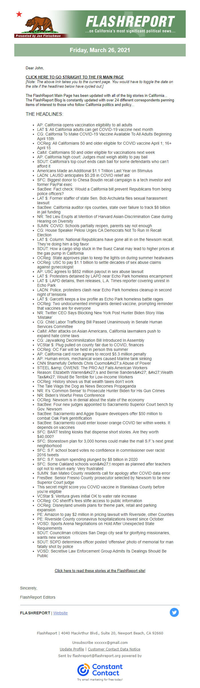 Screenshot of the email generated on import