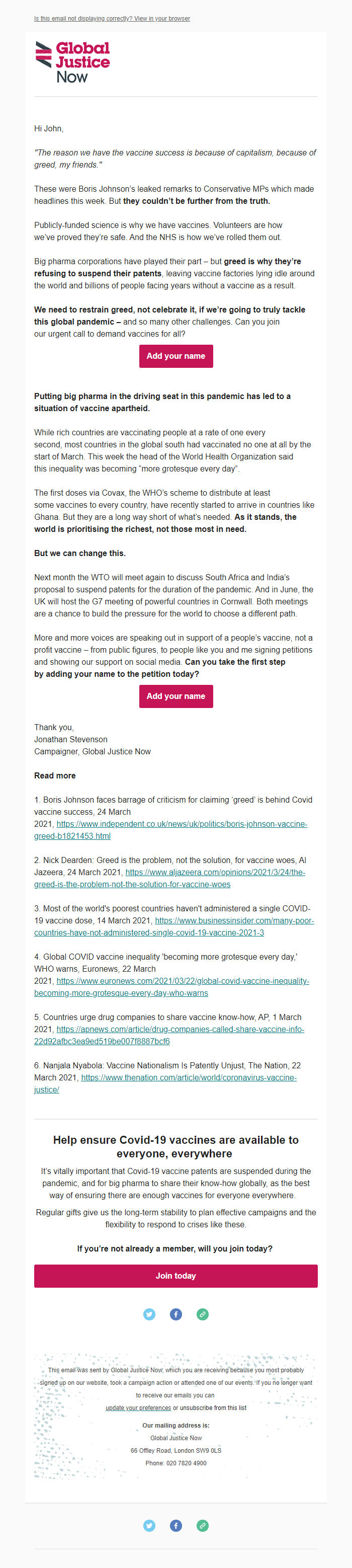 Screenshot of the email generated on import