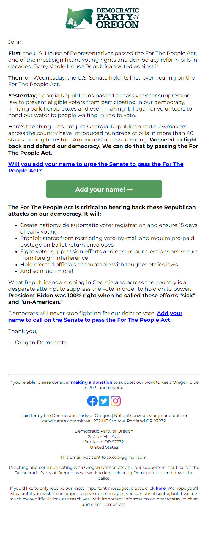 Screenshot of the email generated on import