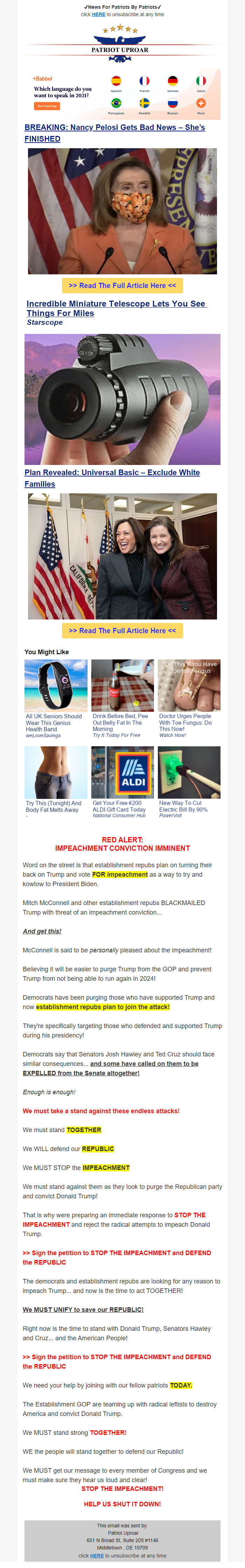 Screenshot of the email generated on import