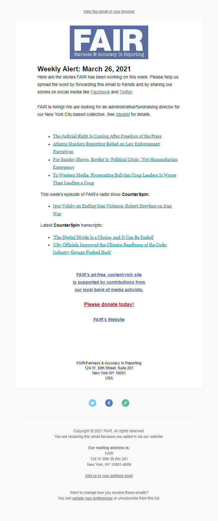 Screenshot of the email generated on import