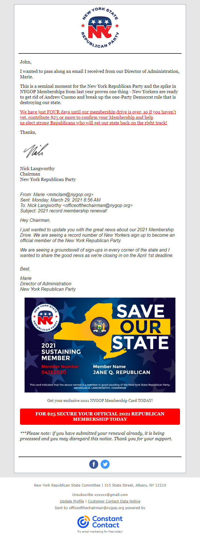 Screenshot of the email generated on import
