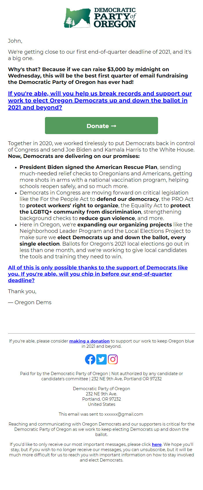 Screenshot of the email generated on import