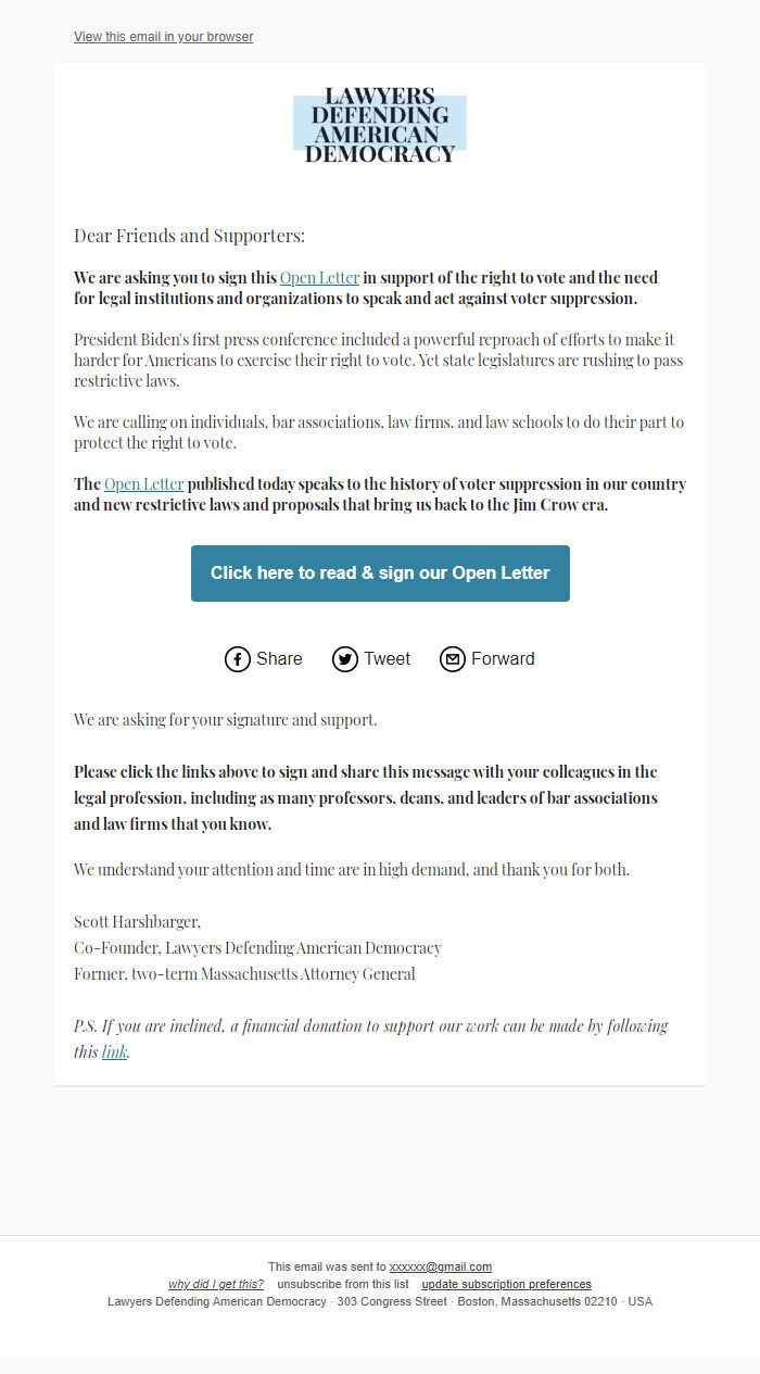 Screenshot of the email generated on import