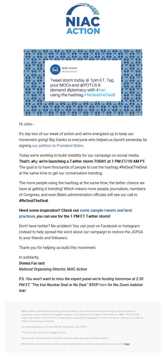 Screenshot of the email generated on import