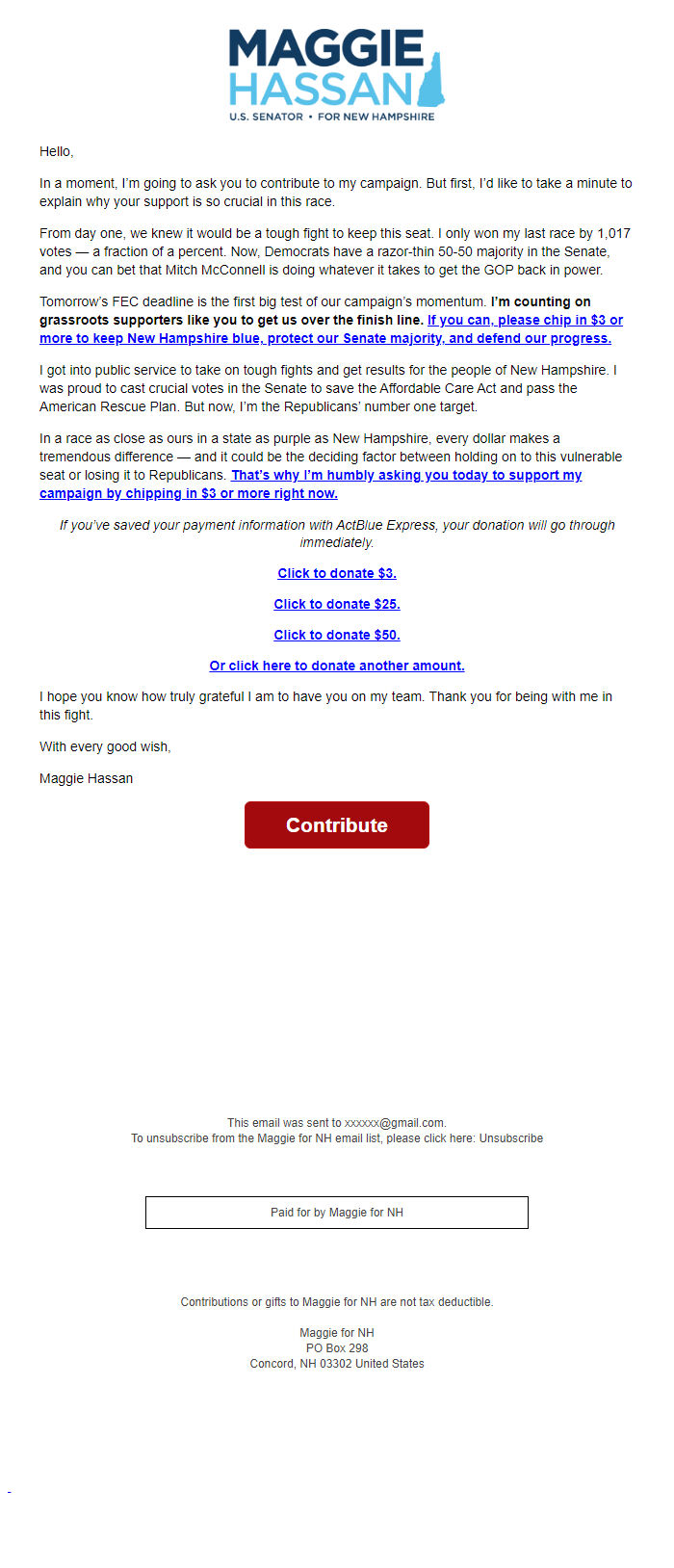 Screenshot of the email generated on import