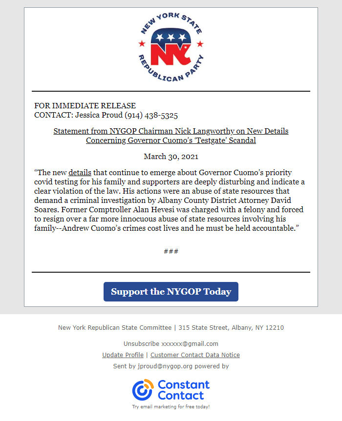 Screenshot of the email generated on import