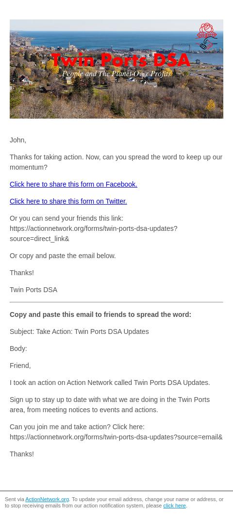 Screenshot of the email generated on import
