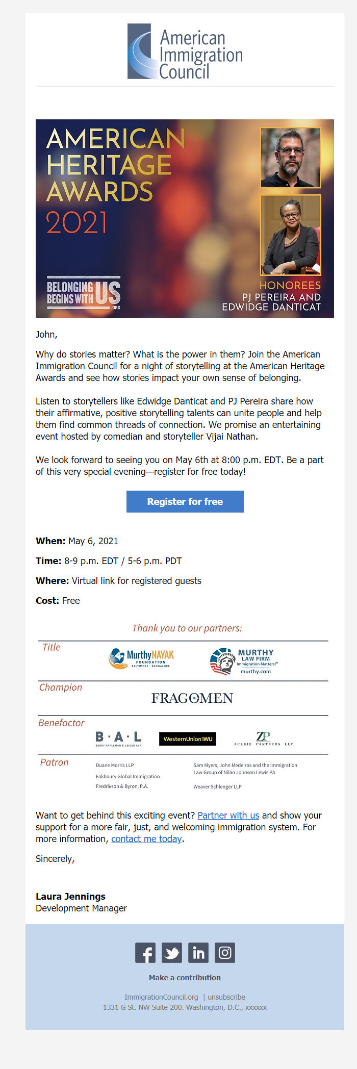 Screenshot of the email generated on import