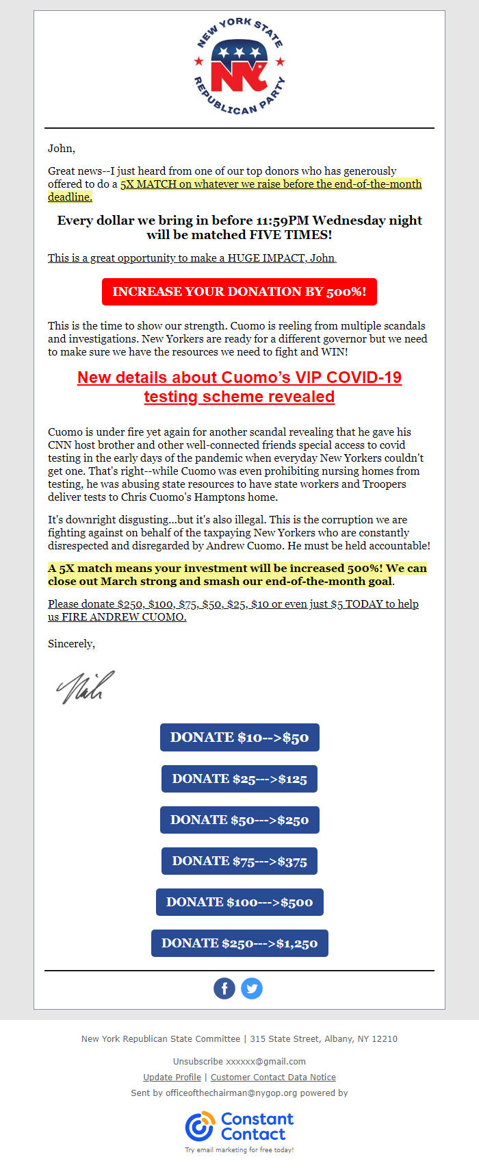 Screenshot of the email generated on import