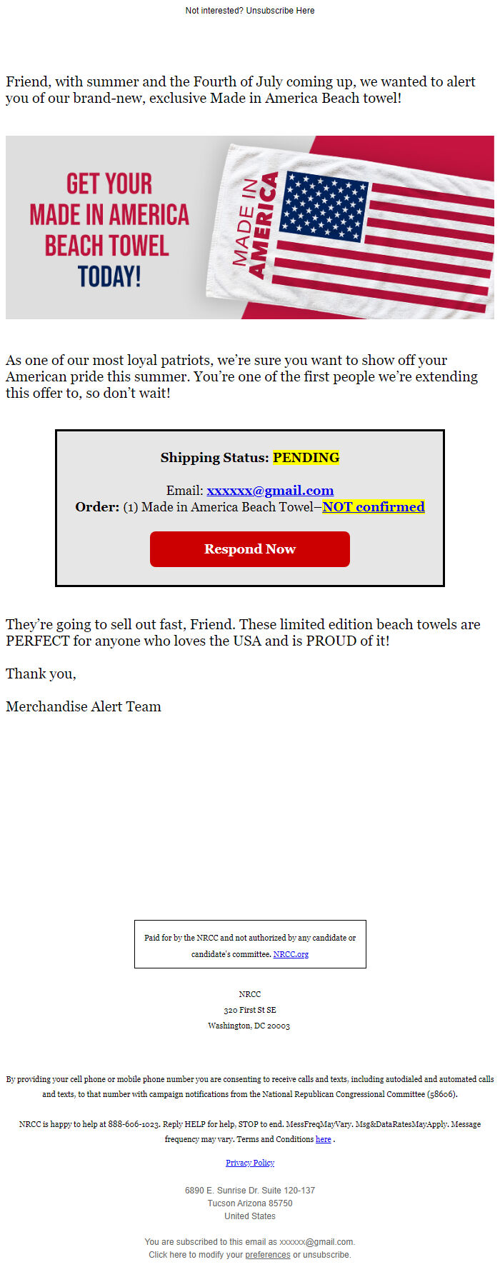 Screenshot of the email generated on import